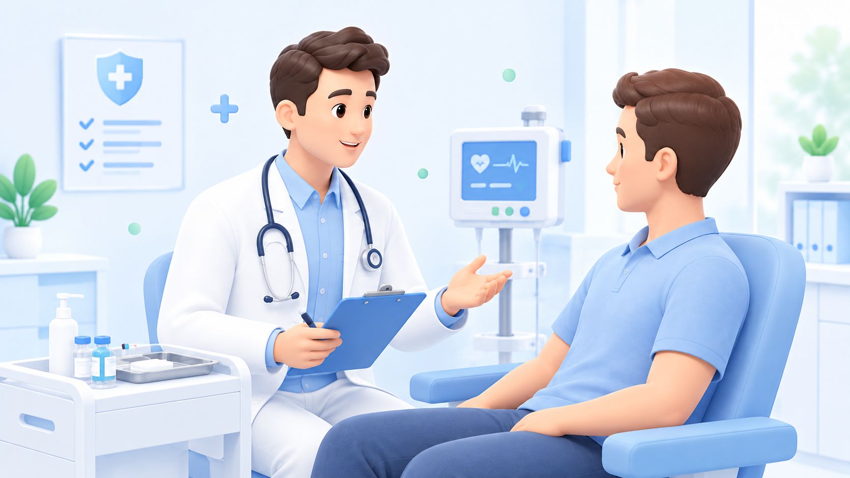 Врач беседует с пациентом перед плановой медицинской процедурой